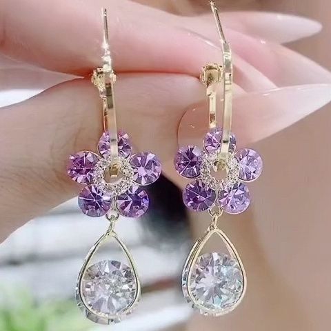 Silver Needle Crystal Flower Drop Earrings