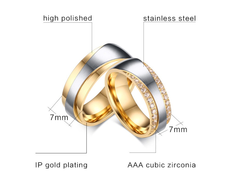 Simple Cut & Zircon Stainless Steel Couples Rings