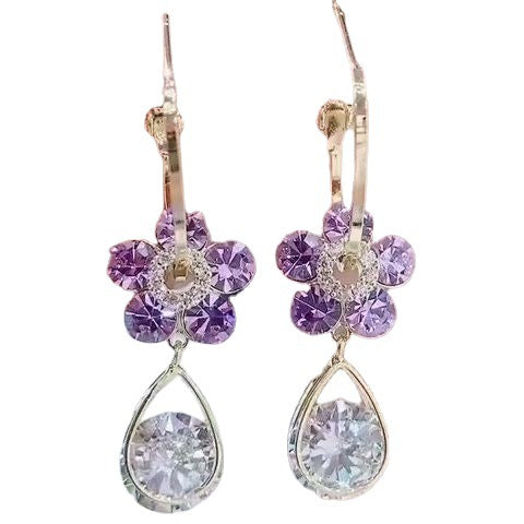 Silver Needle Crystal Flower Drop Earrings