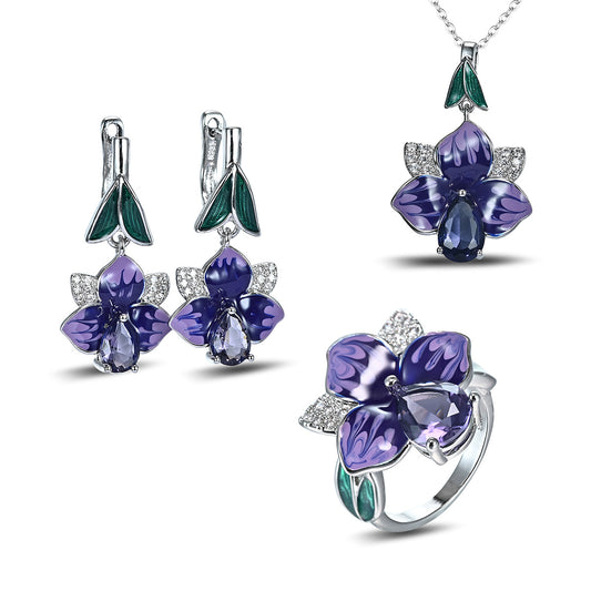 Cloisonne Violet Flower Earrings, Necklace or Ring
