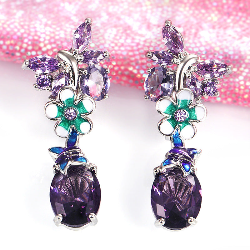 Purple Zircon Flower Earrings