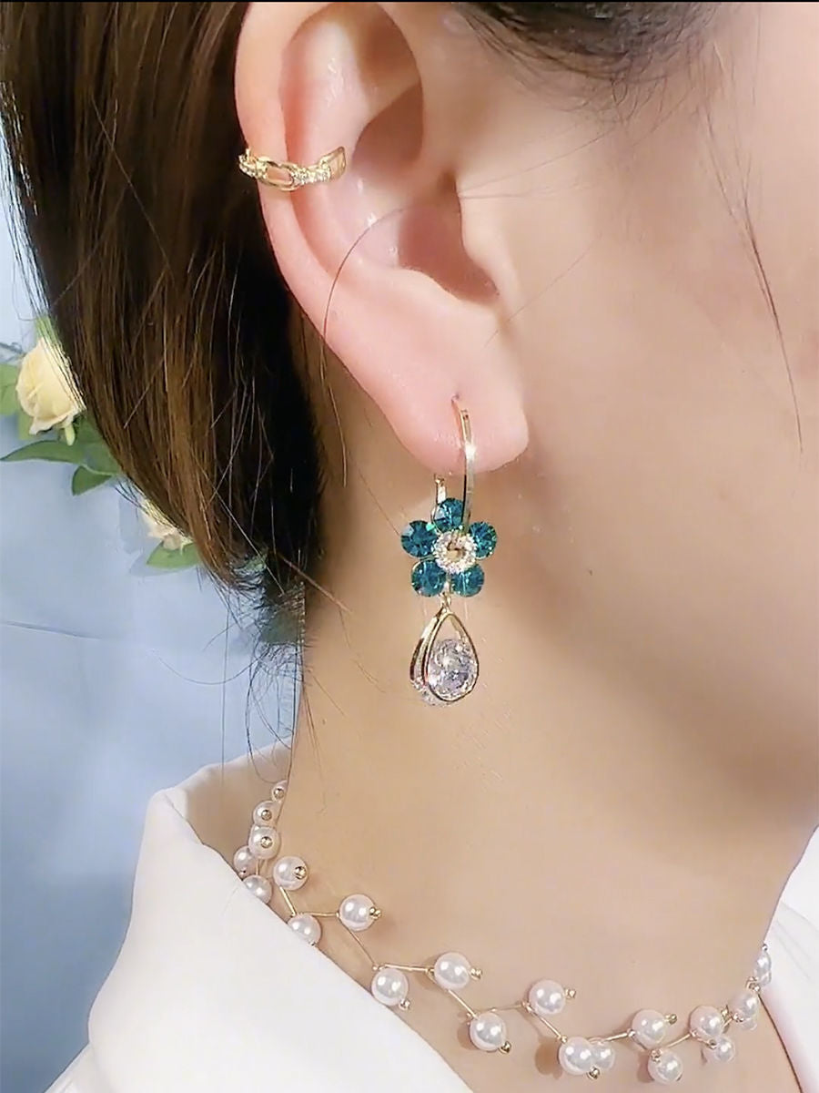 Silver Needle Crystal Flower Drop Earrings