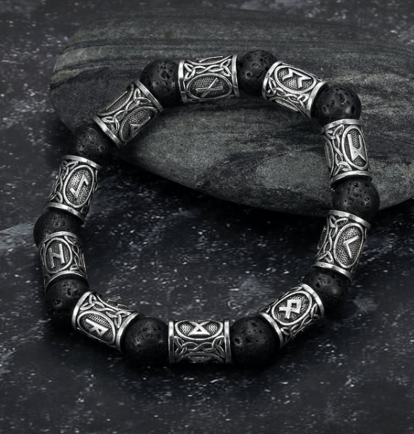 Asgard Crafted Silver Rune & Black Lava Stone Bracelet