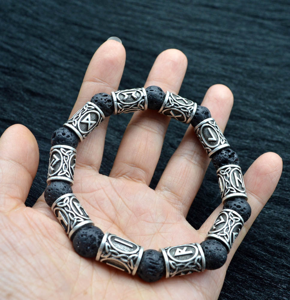 Asgard Crafted Silver Rune & Black Lava Stone Bracelet